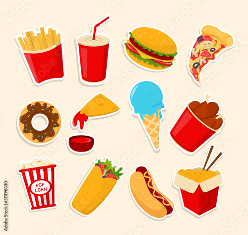 Fast food collection vector isolated. Set of junk food