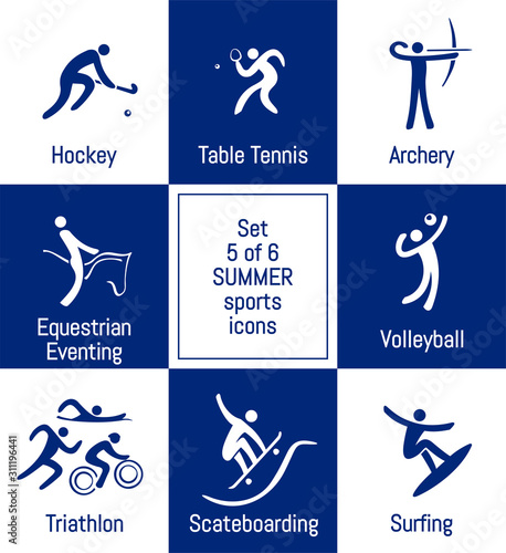Summer sports icons set, 5 of 6, vector illustration, vector template