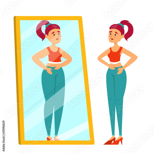 Skinny woman looking at the mirror on fat reflection