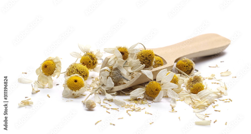 Dry chamomile tea flower petals in wooden spoon isolated on white background Dry chamomile tea flower petals in wooden spoon isolated on white background