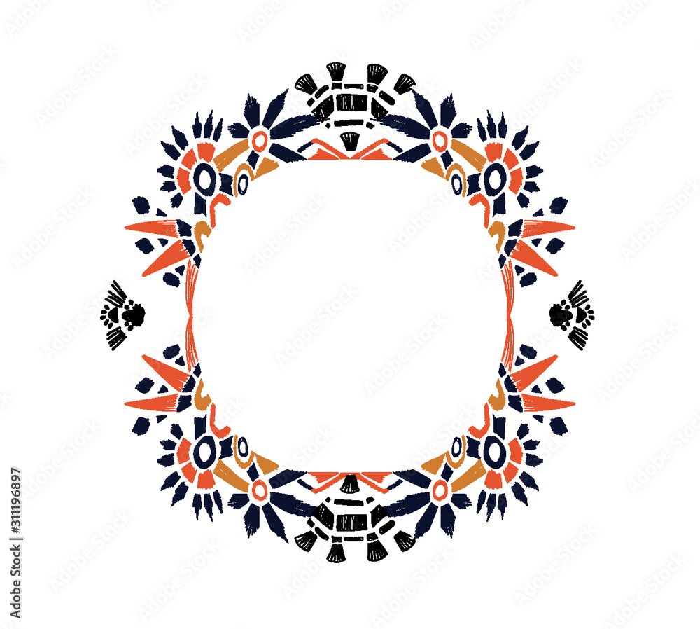 Frame with hand-drawn ikat motif ornament. Vector card decor. Isolated circular ornate.