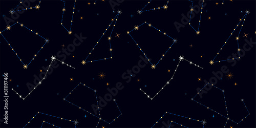 Space seamless pattern. Night sky with stars, constellations on a black background. Vector illustration. Abstract background. Fashionable print for fabrics, textiles, interior, magazine covers...