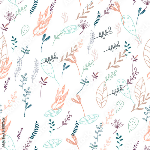 Trendy outline native foliage and leaves seamless pattern. Small and medium elements paradise flora leaves. Vector illustration. on white background