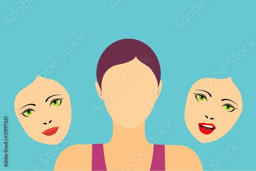Faceless woman with two masks showing different expressions