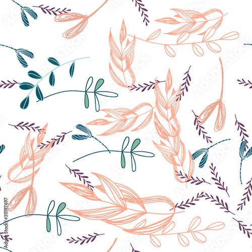 Trendy outline native foliage and leaves seamless pattern. Small and medium elements paradise flora leaves.Vector illustration. © WI-tuss