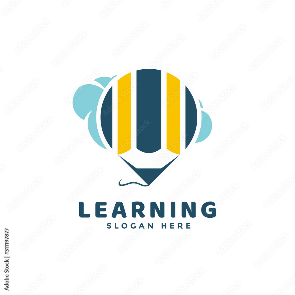 Learning and Education Logo Symbol with Flying Balloon on the Sky and Pencil Inside Learning and Education Logo Symbol with Flying Balloon on the Sky and Pencil Inside