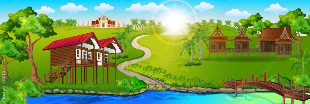 Panorama view of Thai rural village with houses, temples and green nature Panorama view of Thai rural village with houses, temples and green nature