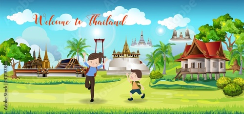 Cartoon landscap.Panorama view of Thailand landmrak for tourist
