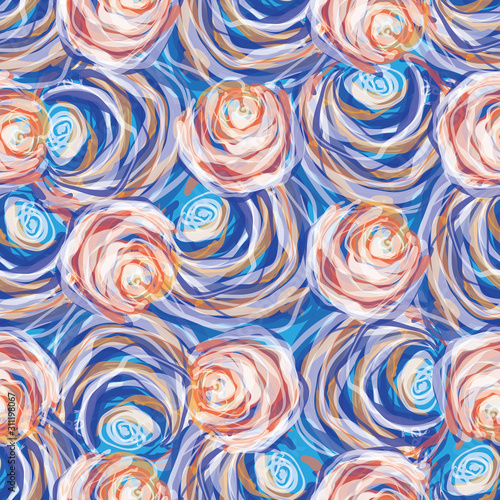 Painterly Vector Watercolor Floral Rose Seamless Background. Abstract Soft Stylized Summer Flower Pattern Swatch. Hand Painted Artistic Bloom Swirl for Wallpaper, Modern Fashion All Over Print. EPS10 