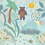 Funny Seamless Pattern with horse and bear. Creative Design.