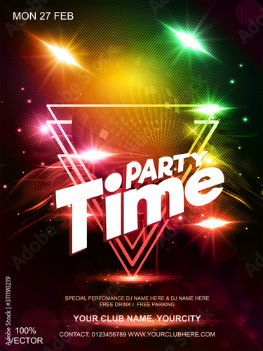 Night dance party music poster template with a light circle, disco ball, light effects. EPS10. Electro style disco club party event flyer invitation. Elements are layered separately in vector file.