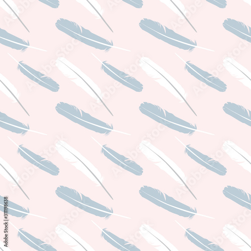 Seamless pattern with feathers. Pink background with feathers.