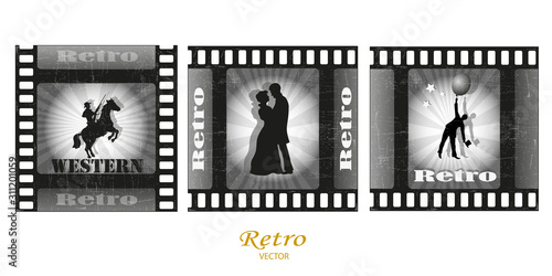 Old film strip .Silhouette of a couple in love .Man and woman kiss .Retro movie Hollywood .Vector illustration .