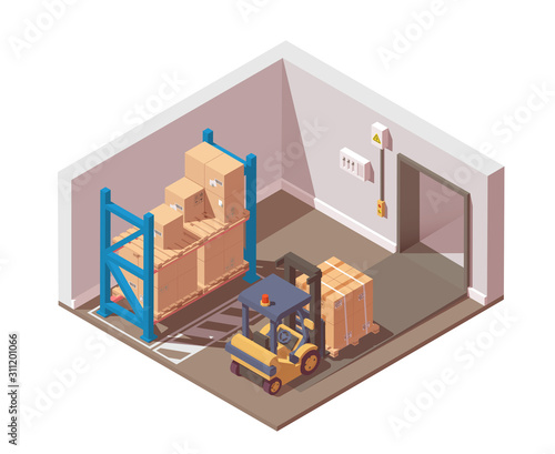 Vector isometric shipment of goods is carried out with a forklift. Logistic delivery service or freight transport concept.