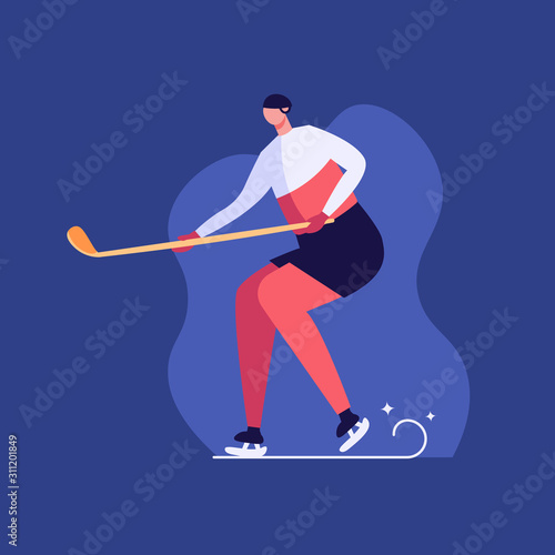 Concept of winter activities, holidays and hockey, healthy style. Isolated young man active in the winter outdoors wth hockey stick. Vector illustration in flat design