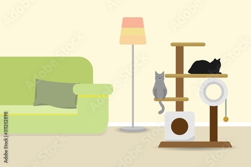 Cat tree with scratching post and cat house in a room 
