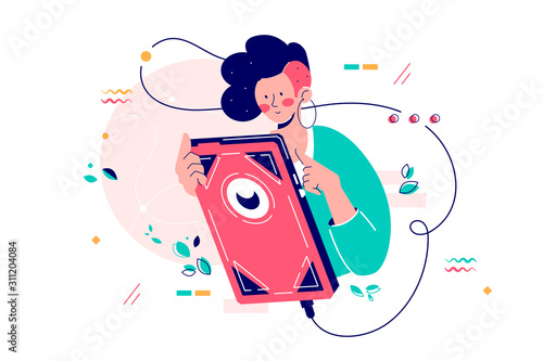 Girl using giant smartphone