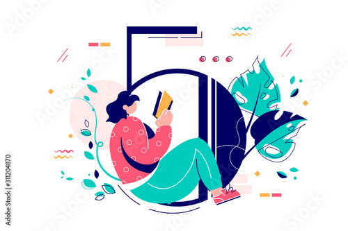Woman reading book sitting in number five