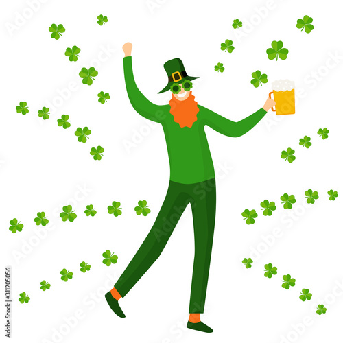 Saint Patrick 's Day. Funny  dancing man in festive costume of leprechaun