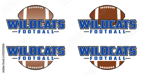 Wildcats Football Design is a team design template that includes text and a football in a graphic style. Includes four design versions. Great for advertising and promotion for teams or schools.