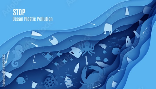 Stop ocean plastic pollution banner design template in paper cut style. Papercut butterfly fish, seahorse, moonfish, turtle, crab, octopus and plastic trash. Vector World Oceans Day concept