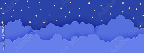 Night sky in paper cut style. 3d background with dark cloudy landscape with stars and moon papercut art. Cute cardboard origami clouds. Vector card for wish good night sweet dreams.