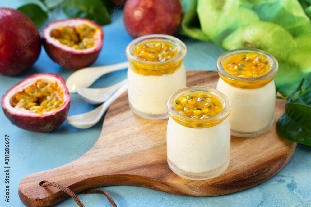 Passion fruit Panna cotta with passion fruit jelly, Italian dessert, homemade cuisine. Passion fruit Panna cotta with passion fruit jelly, Italian dessert, homemade cuisine.