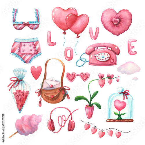 hand drawnn pink watercolor valentine's day set photo