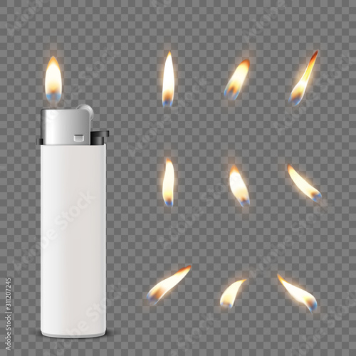 Vector 3d Realistic White Blank Cigarette Lighter Icon Closeup Isolated on Transparent Background with Flame Set. Design Template for Advertising, Mockup, Corporate Identity. Front View