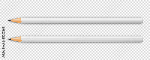 Vector 3d Realistic Sharpened White Wooden Pencil Icon Set Closeup Isolated on Transparent Background. Top View. Design Template, Mockup. Office, School Stationery, Creativity, Idea, Education Symbol