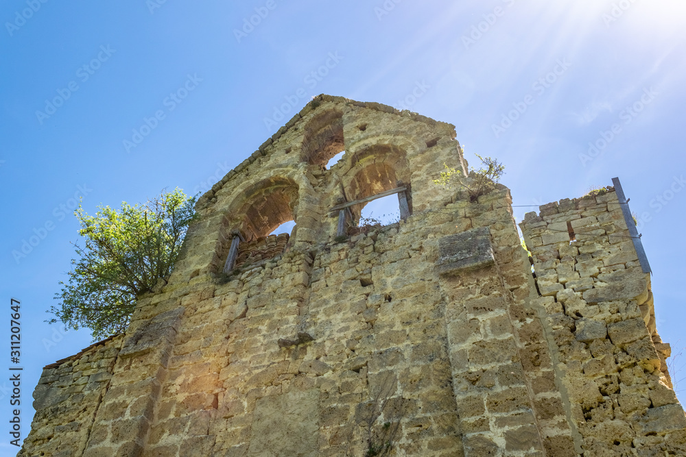 Detail of the Romanesque church of Ribera (Álava). Abandoned village in the natural park of Valderejo. Sculpture.