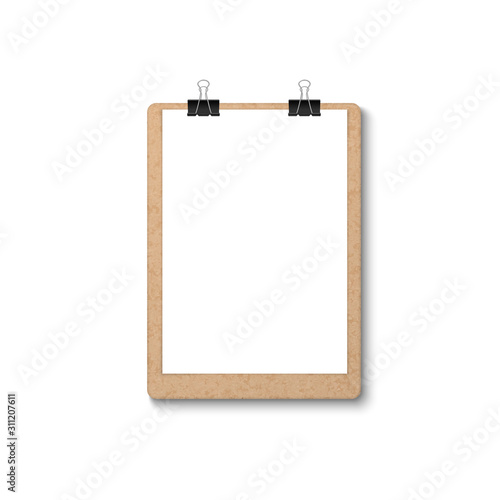 Vector 3d Realistic Brown Craft Clipboard with Blank Paper, Metal Clip Icon Closeup Isolated on White Background. Design Template for Notes, Mockup, Checklist, Questionnaire, Reminders