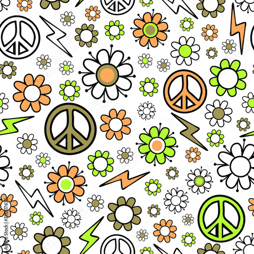 Seamless vector pattern with peace symbol and flowers on white background. Floral pastel repeat design for textile, fashion. Vintage, retro wallpaper print.