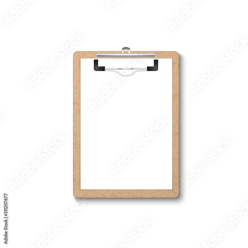 Vector 3d Realistic Brown Craft Clipboard with Blank Paper, Metal Clip Icon Closeup Isolated on White Background. Design Template for Notes, Mockup, Checklist, Questionnaire, Reminders
