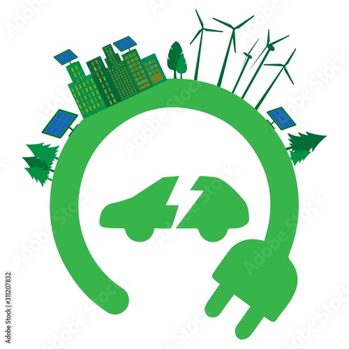 Green car with electrical plug, electric charging concept