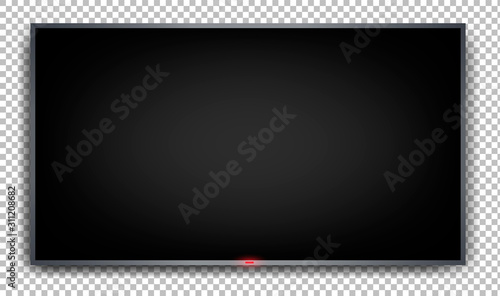 Flat monitor on a transparent background. Wall mounted plasma TV with black screen. Realistic image. Element for dizan. Isolated vector illustration.