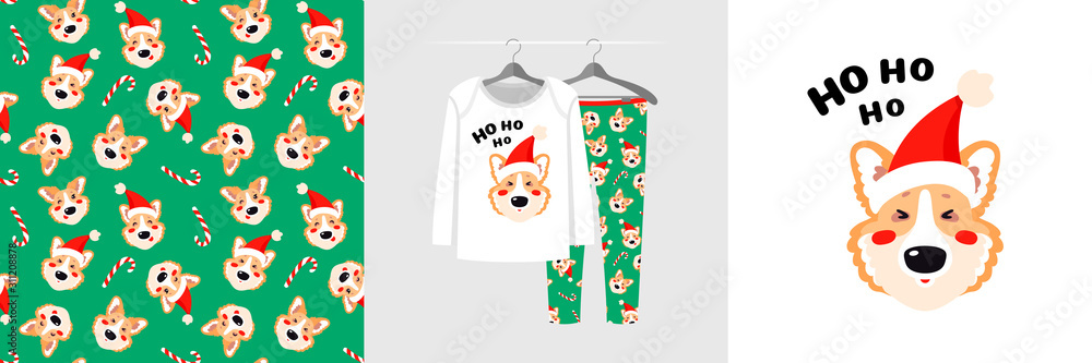 Seamless pattern and illustration for kid with Ho Ho Ho Santa corgi dog Seamless pattern and illustration for kid with Ho Ho Ho Santa corgi dog