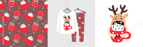 Seamless Christmas pattern and illustration for kid with deer hugs cup of cocoa