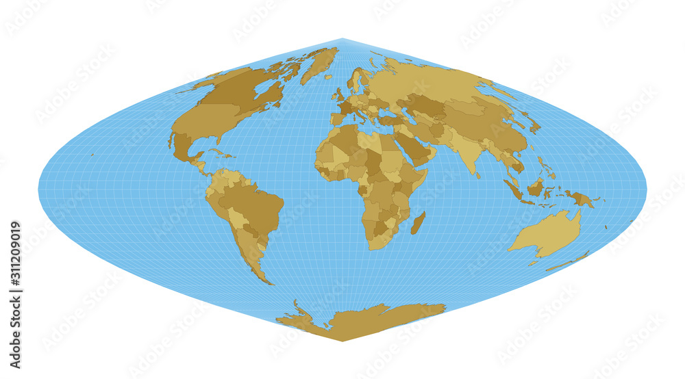 World Map. Craster parabolic projection. Map of the world with meridians on blue background. Vector illustration.