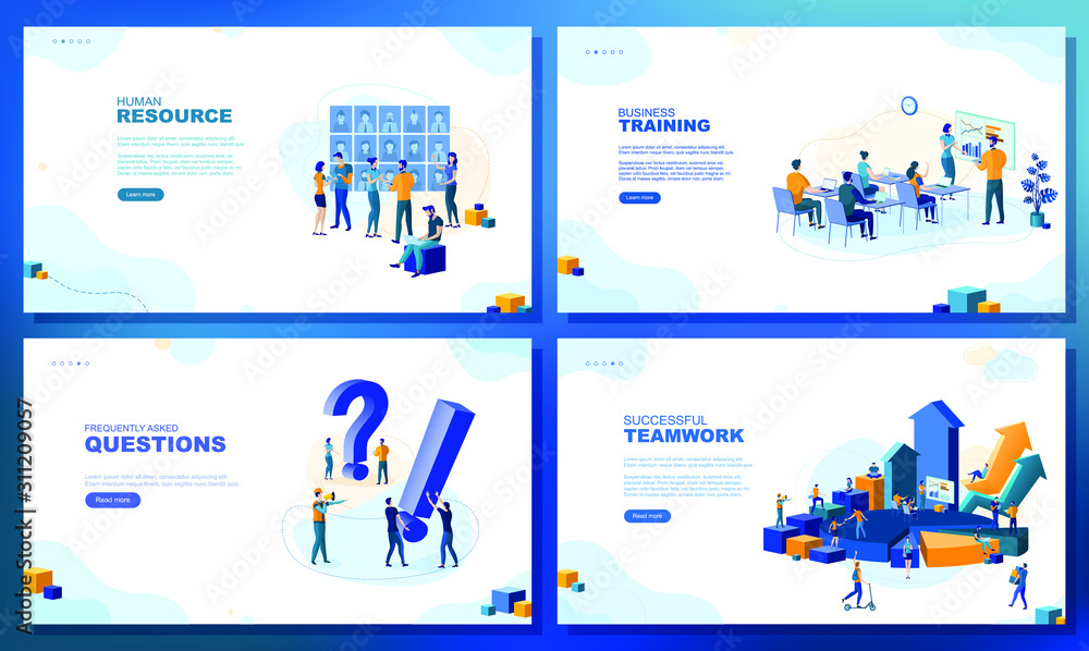 Trendy flat illustration. Set of web page concepts. Human resources. Business training. Frequently asked questions. Successful teamwork. Template for your design works. Vector graphics. Trendy flat illustration. Set of web page concepts. Human resources. Business training. Frequently asked questions. Successful teamwork. Template for your design works. Vector graphics.