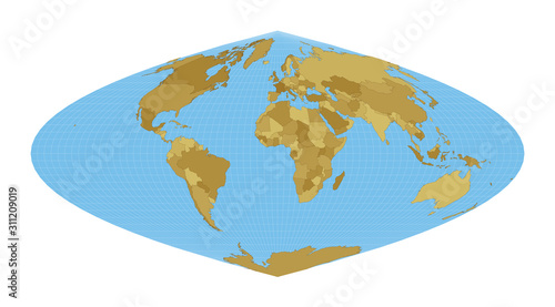 World Map. Craster parabolic projection. Map of the world with meridians on blue background. Vector illustration.