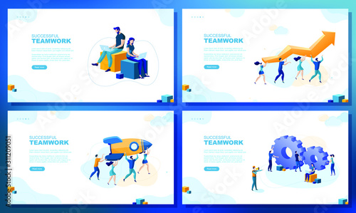 Trendy flat illustration. Set of web page concepts. Successful teamwork. People work. Business strategy. Teamwork and competition. Template for your design works. Vector graphics.