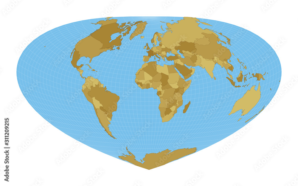 World Map. Bottomley projection. Map of the world with meridians on blue background. Vector illustration.