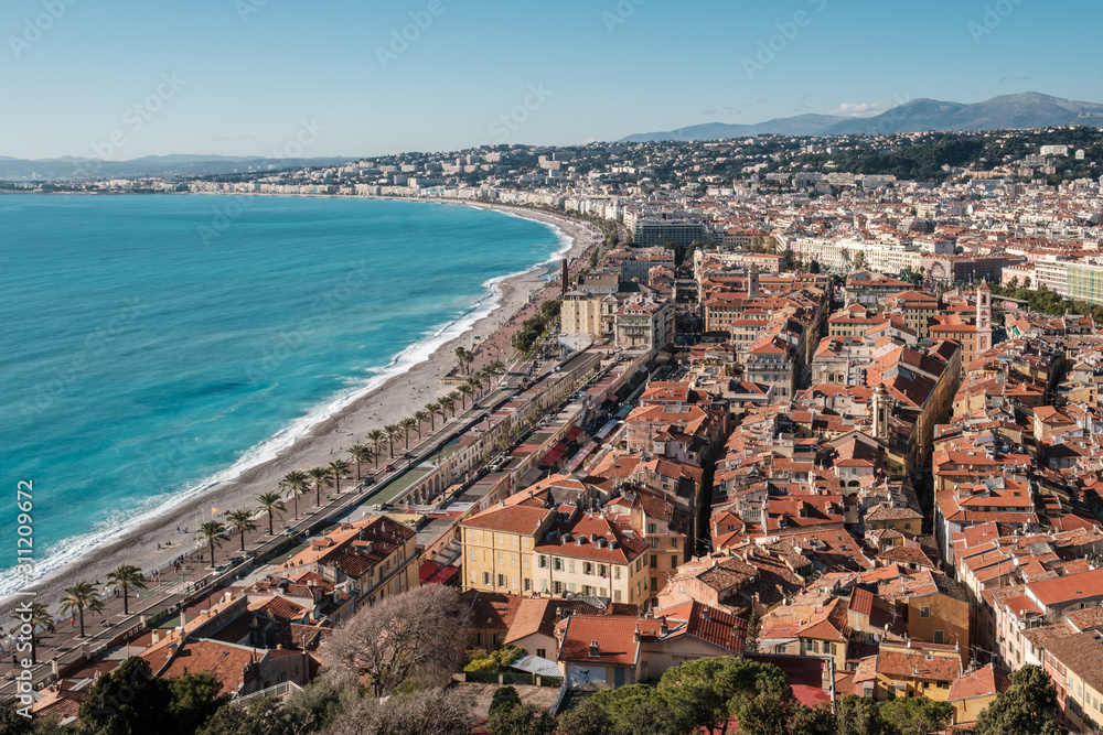 View of Nice and sea along the Promenade des Anglais