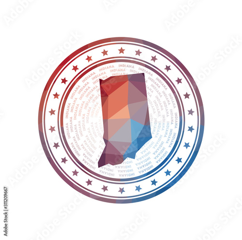 Flat low poly stamp of Indiana. Polygonal Indiana badge. Trendy vector logo of the US state.