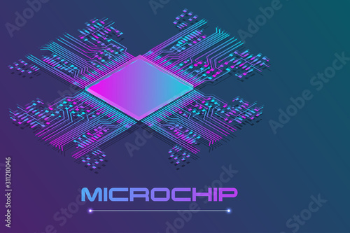 Microchip processor with lights on the blue background. AI. Circuit board. Technology background. Central Computer Processors CPU concept. Motherboard digital chip. 