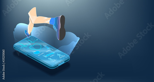 Fitness, health app for fitness, a hologram of a running person. Vector graphics.