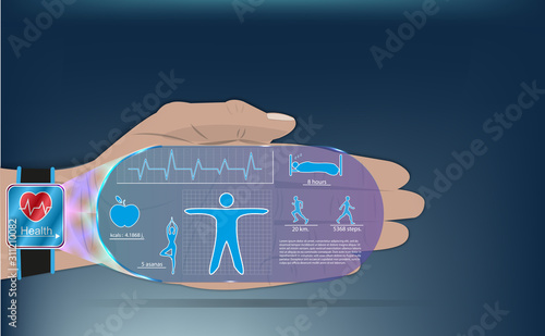 The concept of the smartwatch. Vector realistic illustration with a futuristic style, presented functions in the form of a hologram, the template for your project. Smart watch, realistic style. Vector
