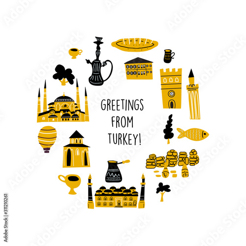 Vector illustration of different turkish attractions and symbols in circle. Welcome sign.