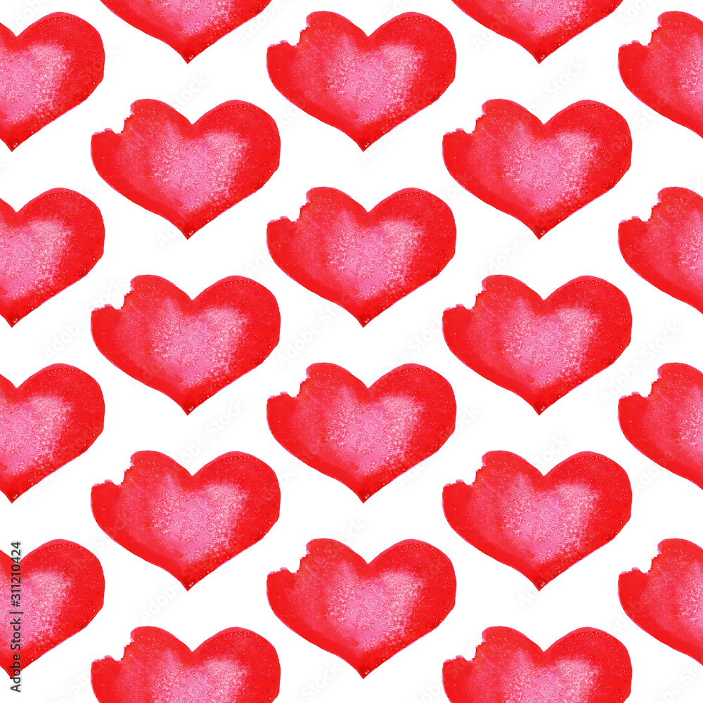 Seamless watercolor red bitten heart pattern on white background.